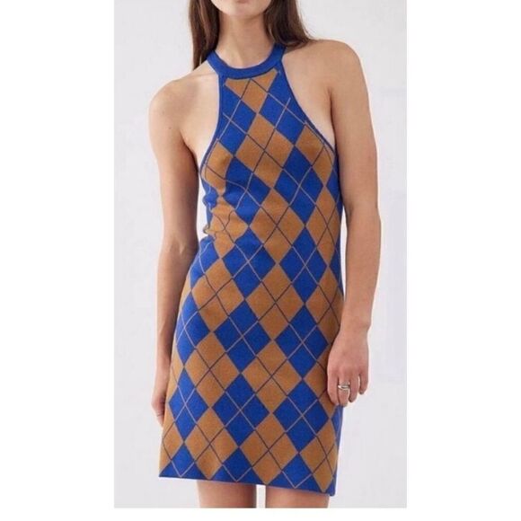 NWT Urban Outfitters Charlie Blue and Gold Argyle Racerback Mini Dress - Picture 1 of 14